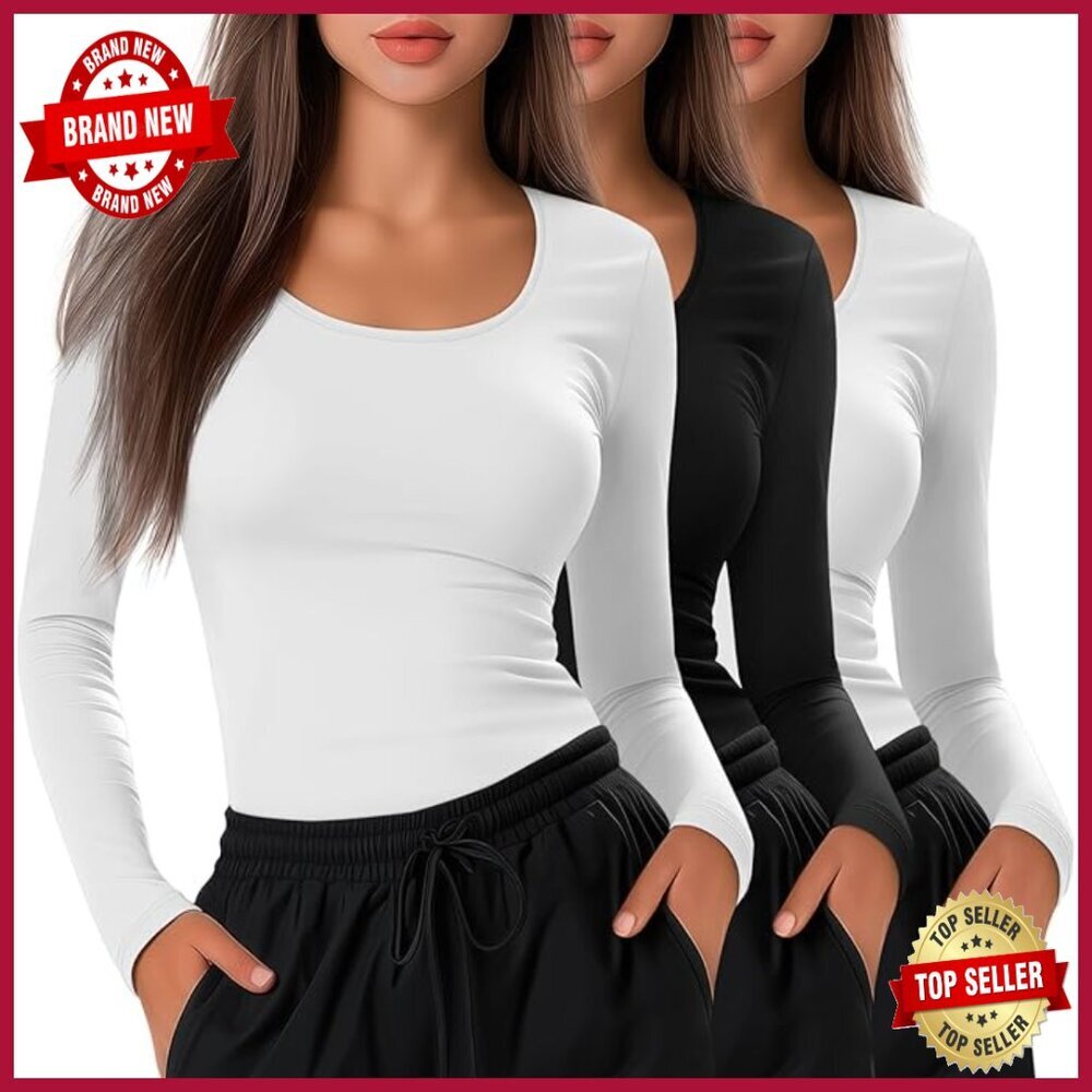 3 Pack Long Sleeve Underscrub Shirts Scoop Neck Stretchy Layering Tops